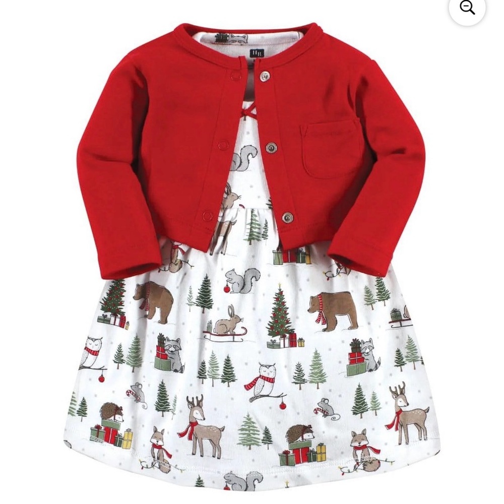 Girls Red Cardigan and Holiday Print Dress Set - Picture 3 of 6